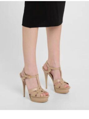 FSJ Nude T-Strap Platform with Peep Toe Ankle Strap, Stiletto Heels, Sandals